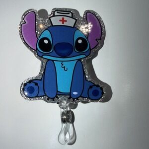 ADORABLE‎ STITCH BLING GLITTER NURSE RETRACTABLE REEL ID BADGE HOLDER